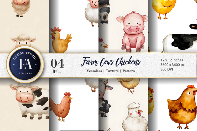 Watercolor Cows Chickens Farm Animals Seamless Paper