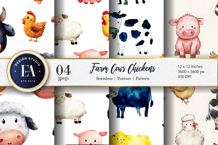 Hand Painted Cows and Chickens Farm Digital Paper