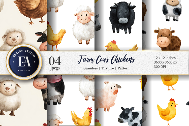 Hand Painted Farm Animals Cows Chickens Digital Paper