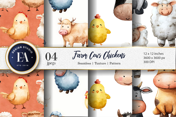 Watercolor Farm Cows and Chickens Seamless Digital Paper