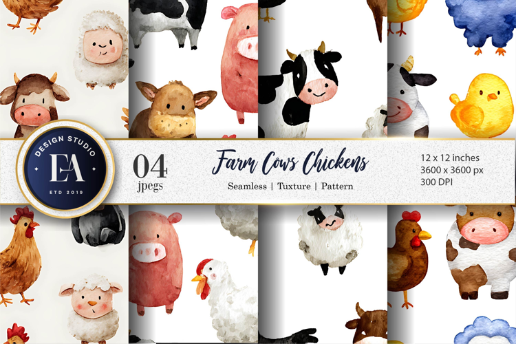 Hand Painted Farm Animals Cows Chickens Digital Paper