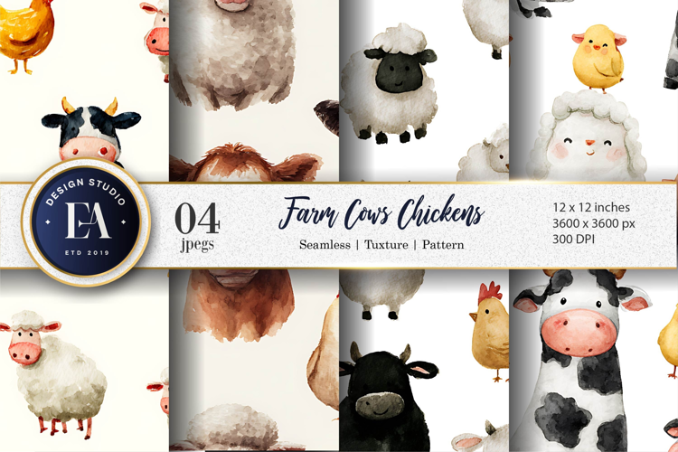 Farm Animals Watercolor Cows Chickens Seamless Paper