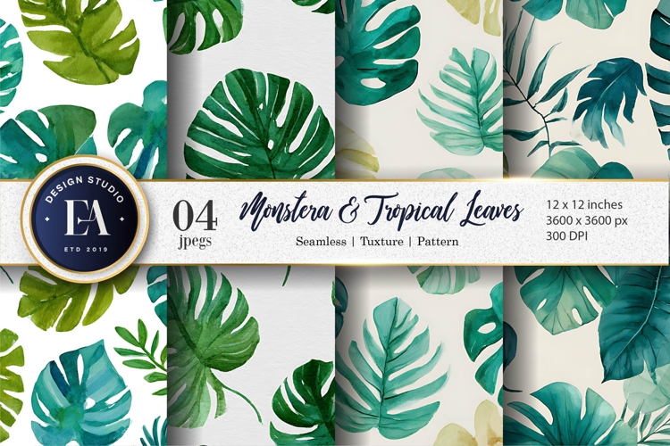 Palm and Monstera Leaves Seamless Background Digital Paper
