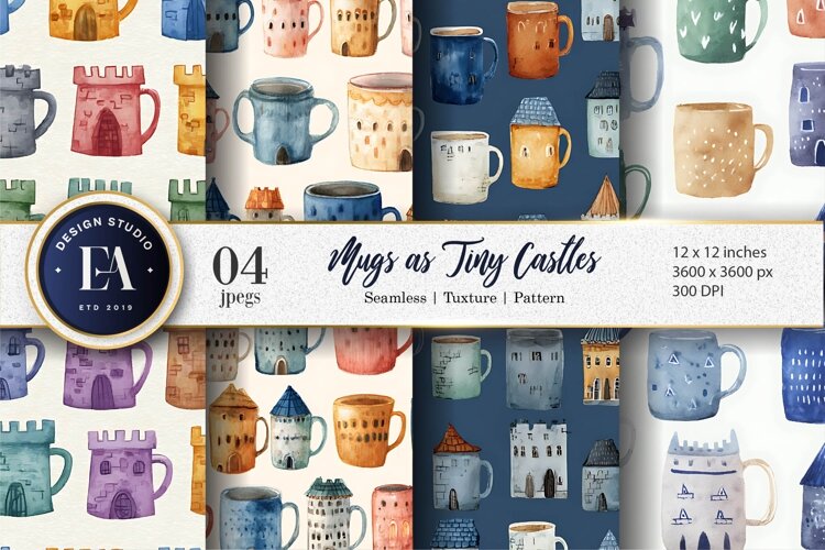 Watercolor Castle Mugs Seamless Pattern Digital Paper example image 1