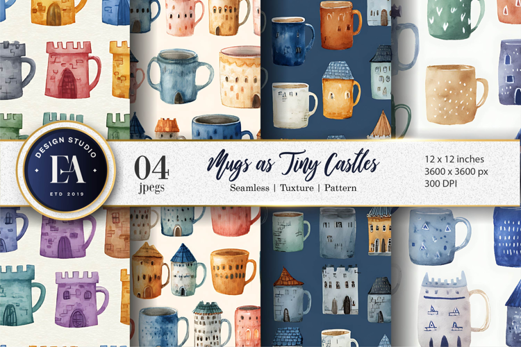 Watercolor Castle Mugs Seamless Pattern Digital Paper