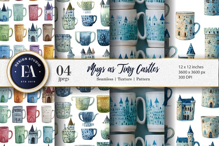 Watercolor Mugs Shaped as Tiny Castles Digital Paper example image 1