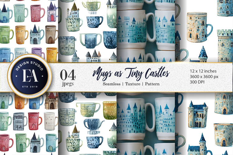 Watercolor Mugs Shaped as Tiny Castles Digital Paper