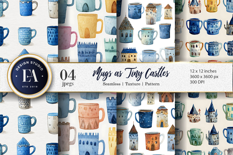 Watercolor Mugs Shaped as Tiny Castles Digital Paper