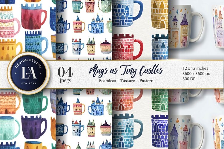 Watercolor Mugs Shaped as Tiny Castles Digital Paper example image 1