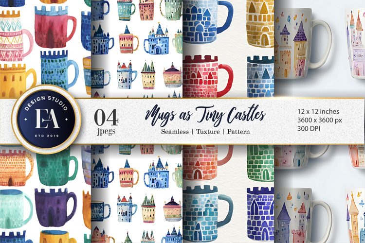 Watercolor Mugs Shaped as Tiny Castles Digital Paper
