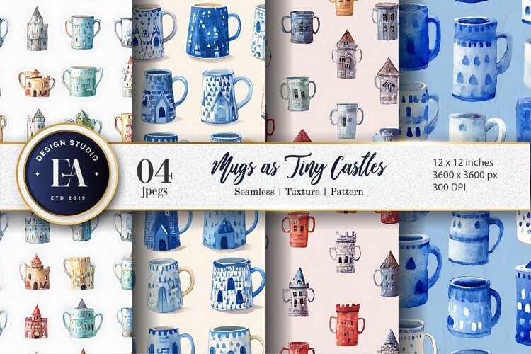 Watercolor Castle Mugs Seamless Pattern Digital Paper example image 1