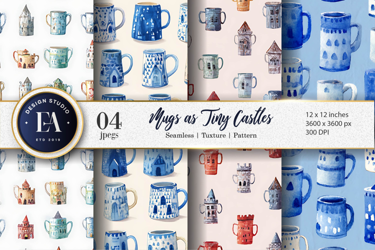 Watercolor Castle Mugs Seamless Pattern Digital Paper