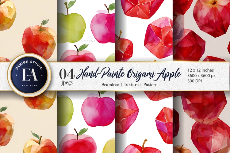 Origami Apples Hand-Painted Watercolor Seamles Digital Paper