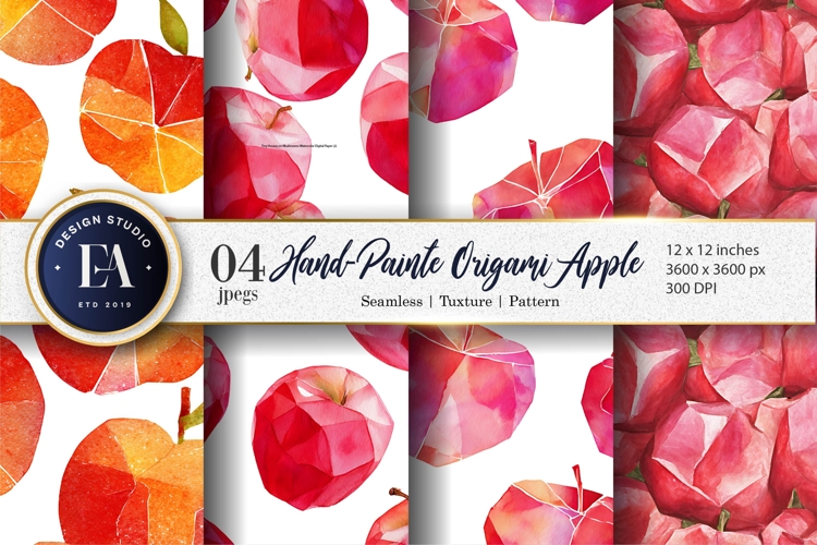 Origami Apples Hand-Painted Watercolor Seamles Digital Paper
