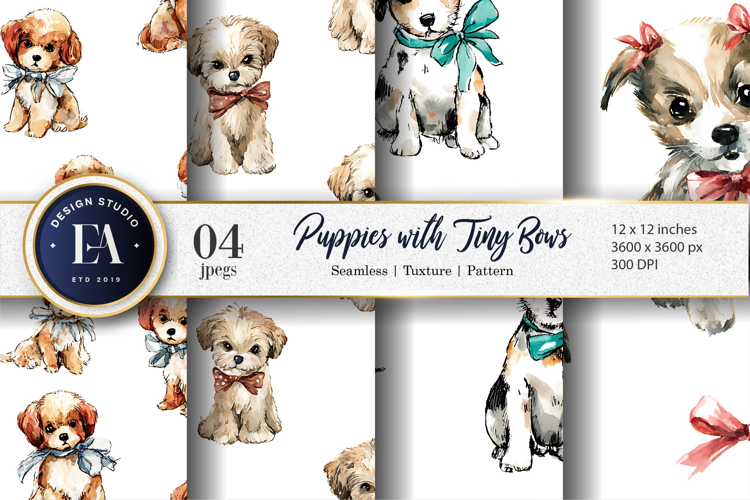 Hand Painted Watercolor Puppies with Tiny Bows Digital Paper