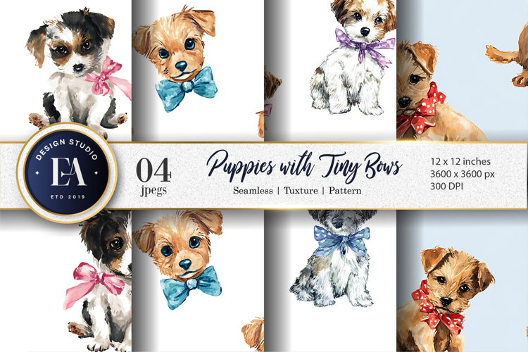Watercolor Puppies with Tiny Bows Seamless Digital Paper