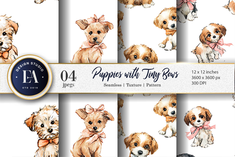 Watercolor Puppies with Tiny Bows Seamless Digital Paper