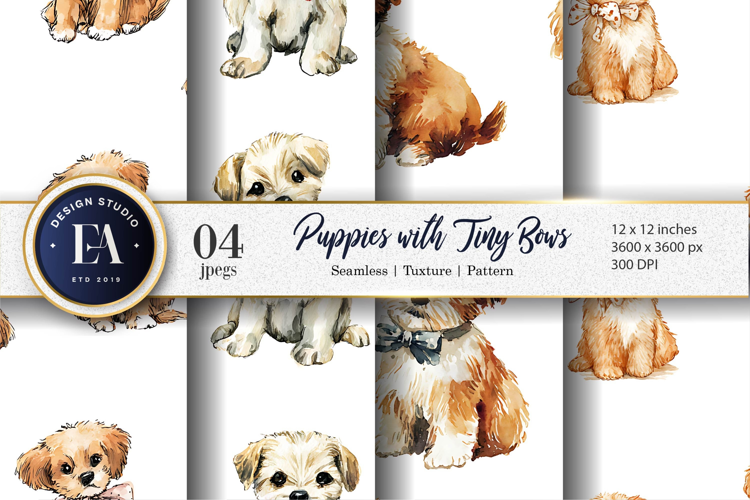 Cute Puppies Tiny Bows Hand Painted Watercolor Digital Paper