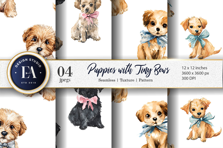 Hand Painted Watercolor Puppies with Tiny Bows Digital Paper