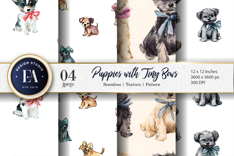 Watercolor Dogs with Tiny Bows Seamless Craft Digital Paper