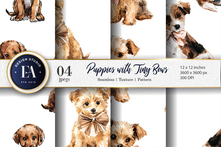 Puppies Wearing Bows Watercolor Seamless Digital Paper