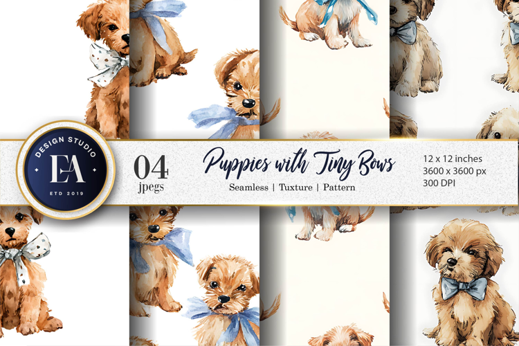 Watercolor Dogs with Tiny Bows Seamless Craft Digital Paper