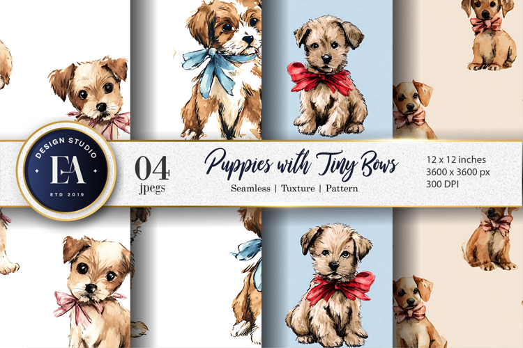Tiny Bows Watercolor Hand Painted Puppies Digital Paper