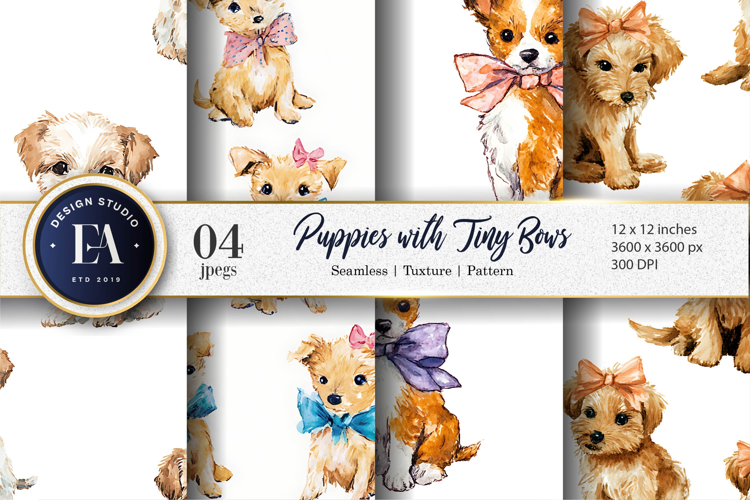 Cute Puppies Tiny Bows Hand Painted Watercolor Digital Paper