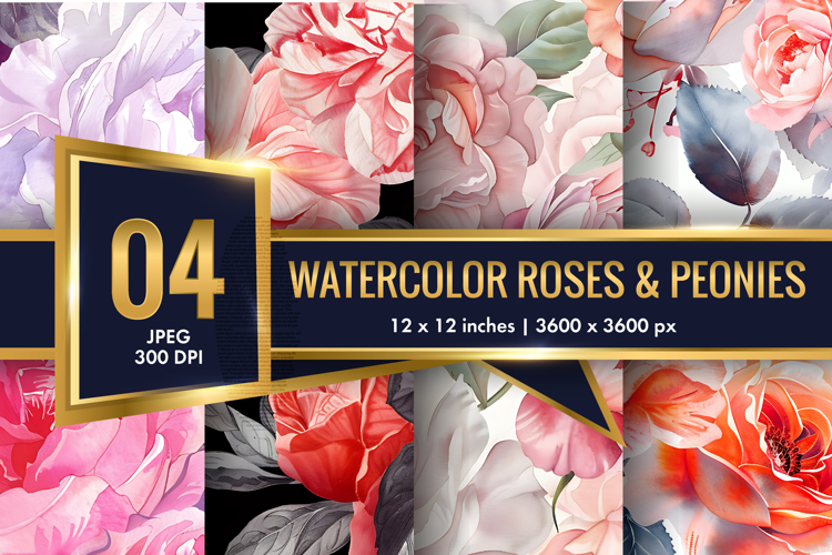 Hand-Painted Watercolor Roses and Peonies Digital Paper