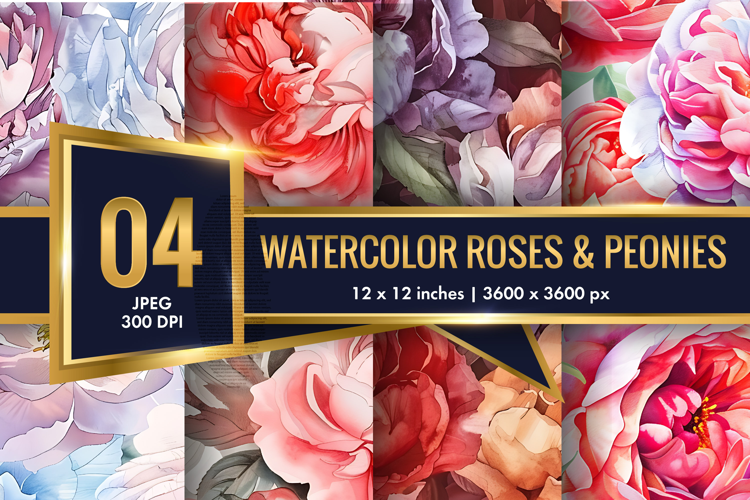 Hand-Painted Watercolor Roses and Peonies Digital Paper