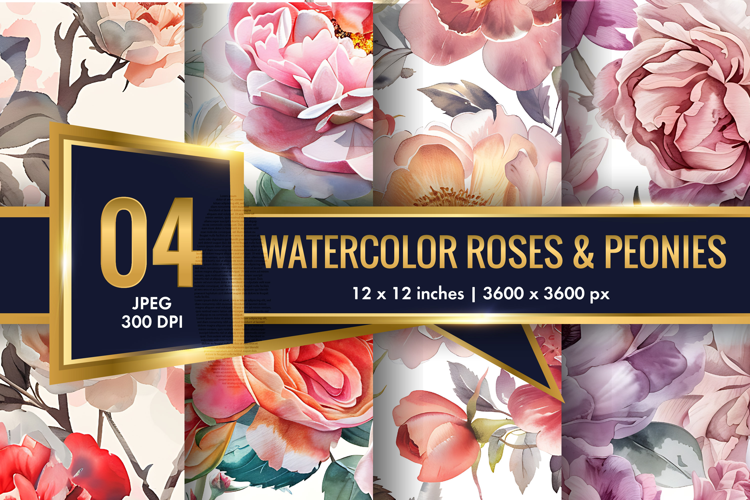 Hand-Painted Watercolor Roses and Peonies Digital Paper