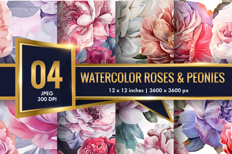 Hand-Painted Watercolor Roses and Peonies Digital Paper
