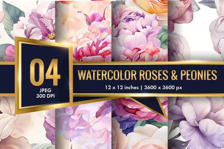 Hand-Painted Watercolor Roses and Peonies Digital Paper