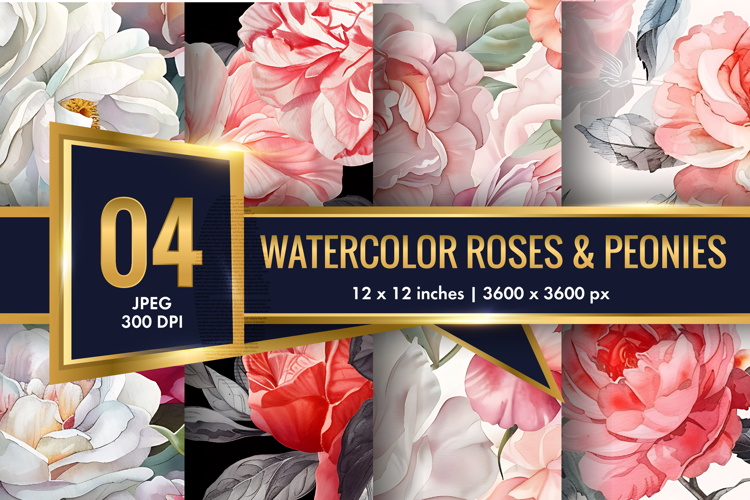 Hand-Painted Watercolor Roses and Peonies Digital Paper