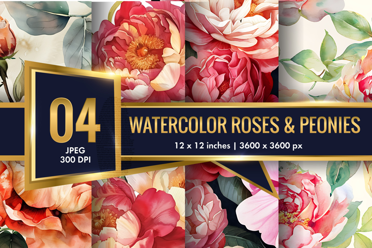 Hand-Painted Watercolor Roses and Peonies Digital Paper