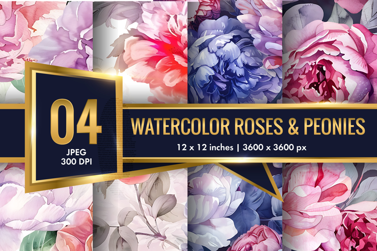 Hand-Painted Watercolor Roses and Peonies Digital Paper