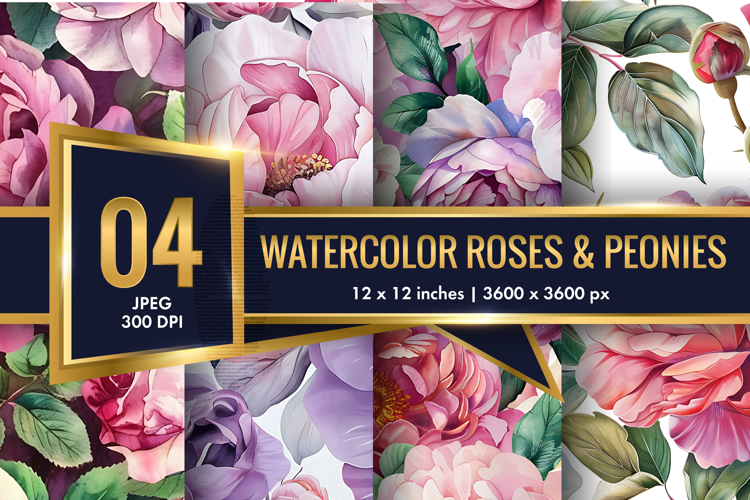 Hand-Painted Watercolor Roses and Peonies Digital Paper