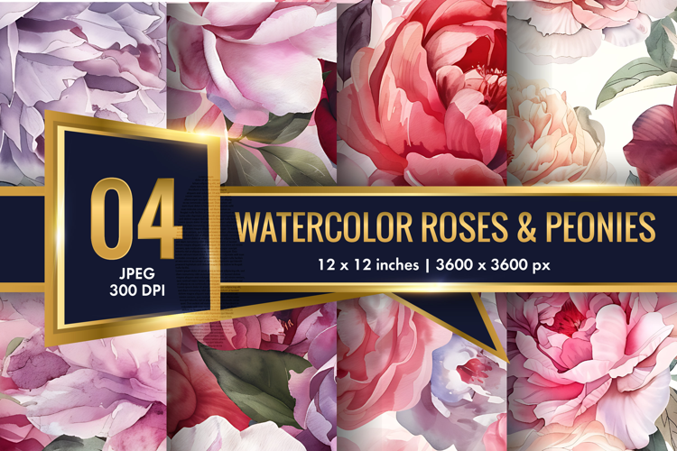 Hand-Painted Watercolor Roses and Peonies Digital Paper