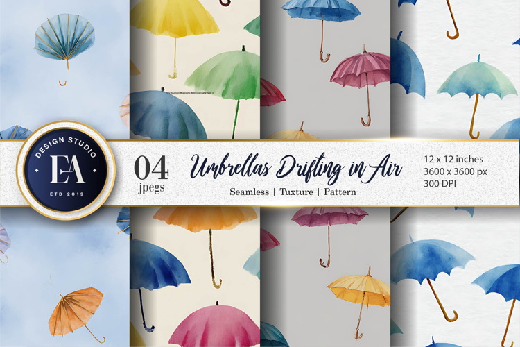Watercolor Umbrellas Floating Seamless Pattern Digital Paper