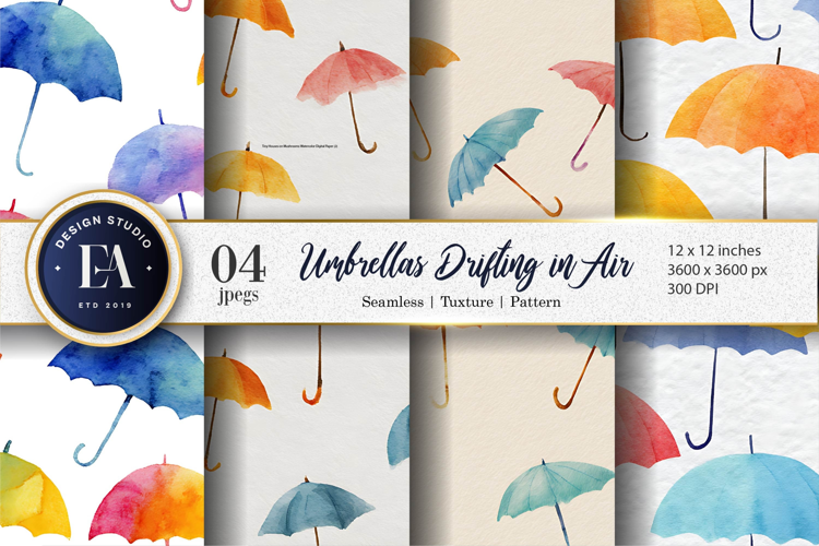 Watercolor Umbrellas Floating Seamless Pattern Digital Paper
