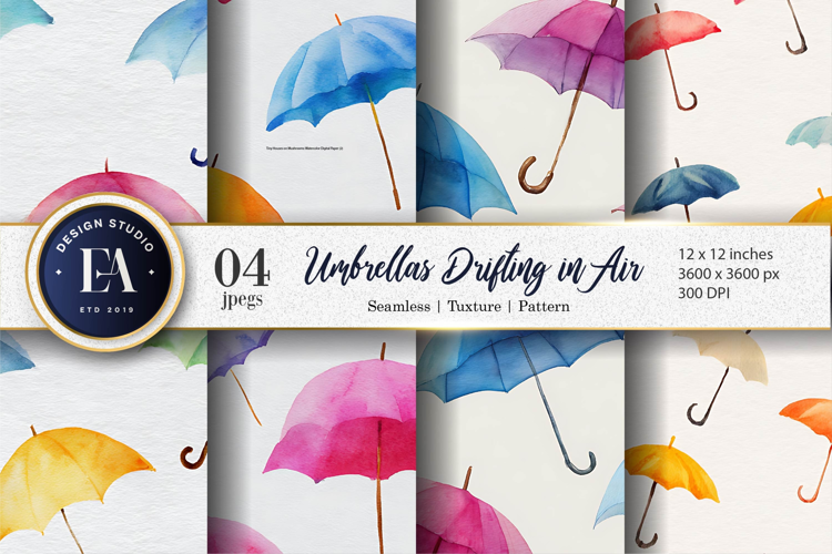 Watercolor Umbrellas Floating Seamless Pattern Digital Paper