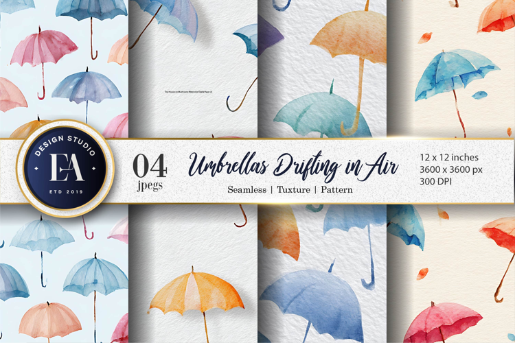 Floating Watercolor Umbrellas Seamless Print Digital Paper