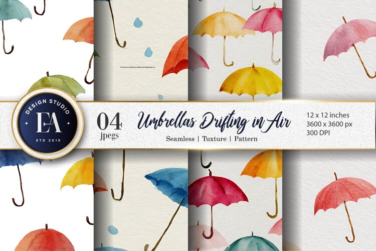 Hand-Painted Drifting Watercolor Umbrella Digital Paper example image 1