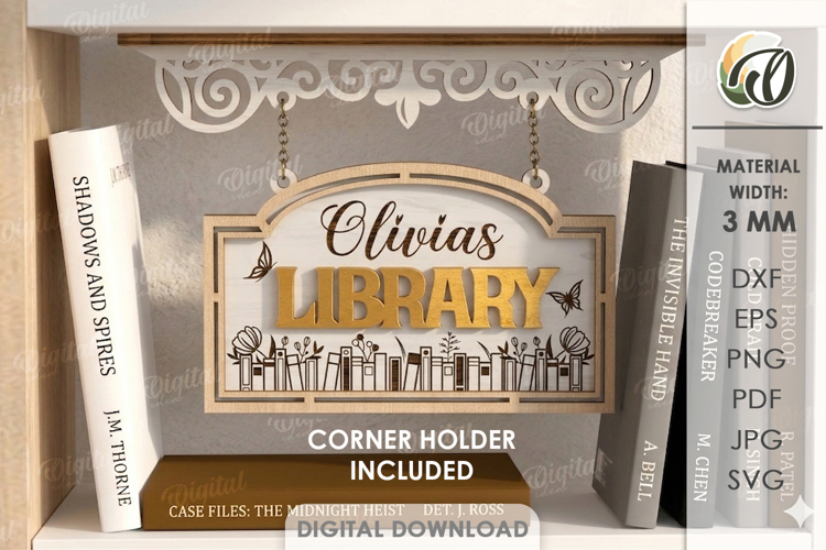 3D Hanging Bookshelf Sign Lasercut. Personalized Library SVG
