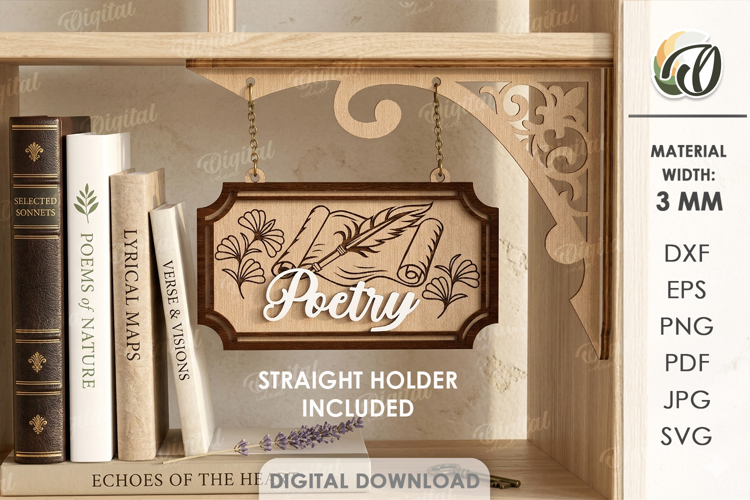 3D Hanging Bookshelf Sign Laser Cut. Poetry SVG