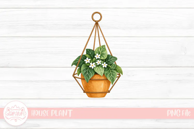 Hanging Watercolor Plant in Geometric Hanger
