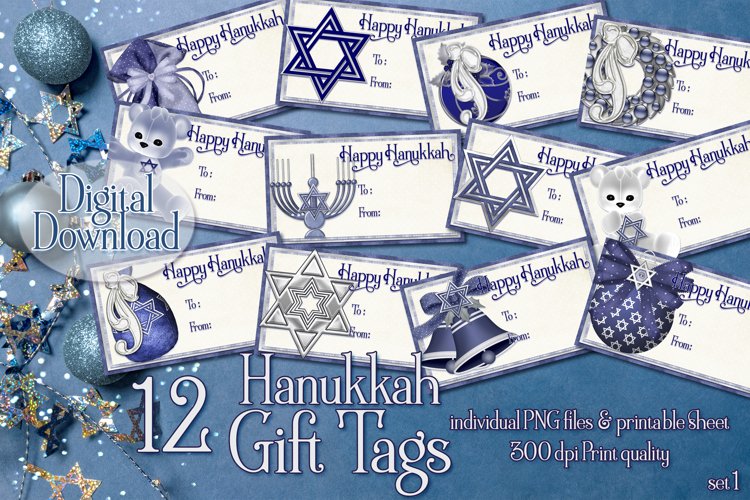 Happy Hanukkah Printable Gift Tags, Hanukkah Blue and Silver example image 1