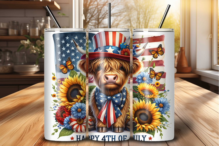 4th of July Highland Cow Patriotic 20 oz Tumbler Wrap PNG