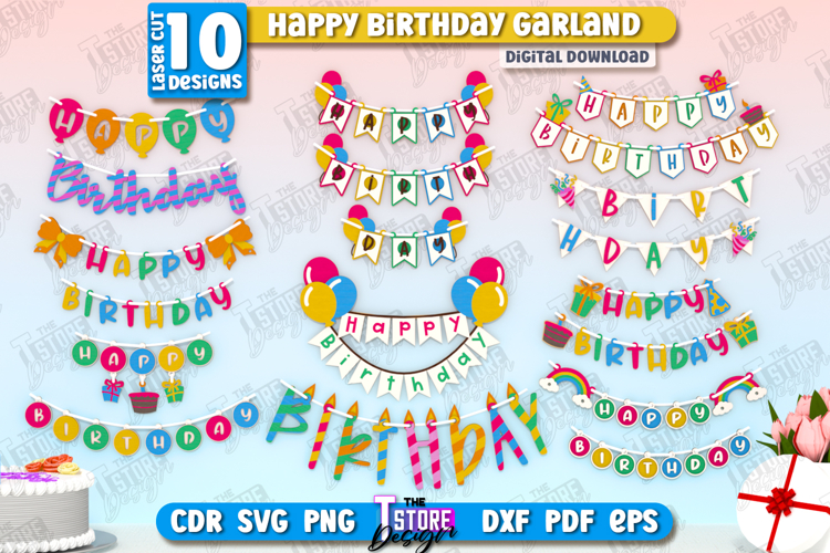 Happy Birthday Garland Laser Cut Bundle, Birthday Banner SVG