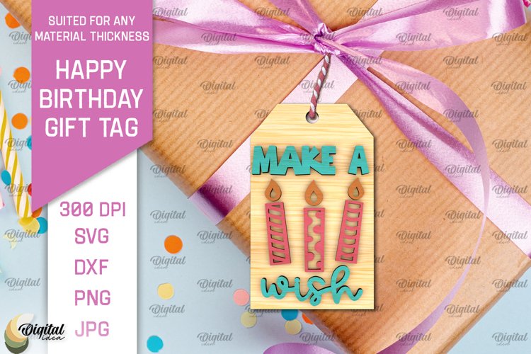 3D Happy Birthday Gift Tag Lasercut. Make a wish SVG